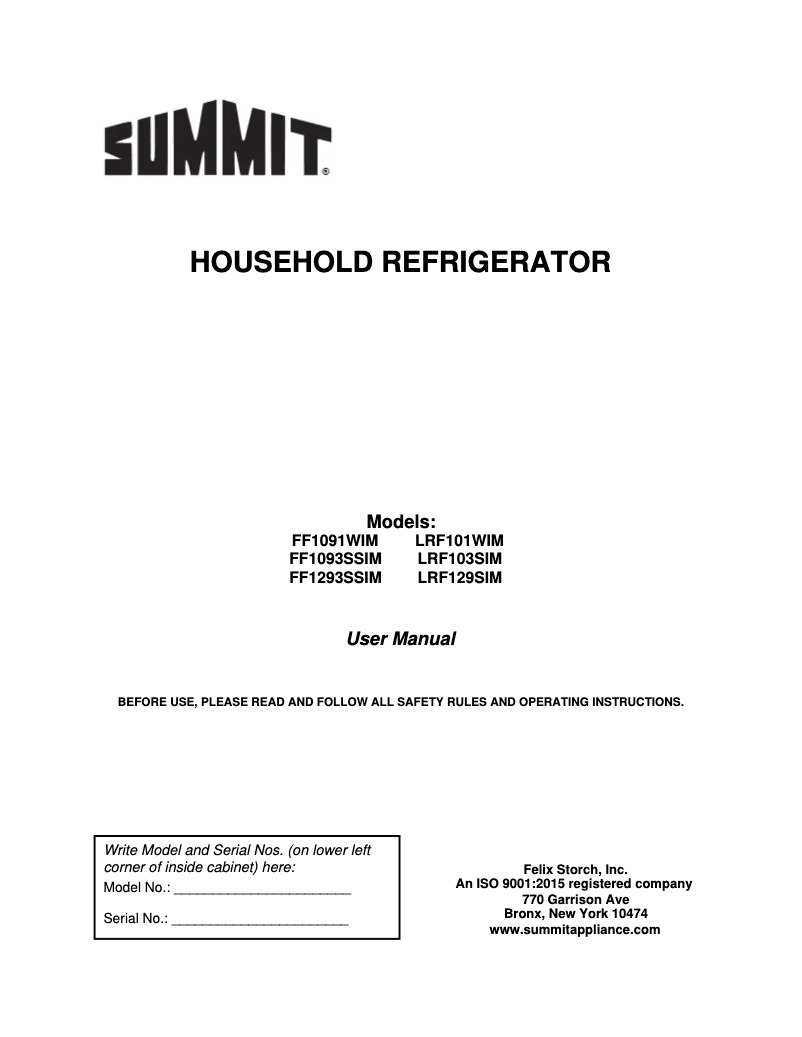 Page 1 de la notice Manuel utilisateur Summit FF1091WIM