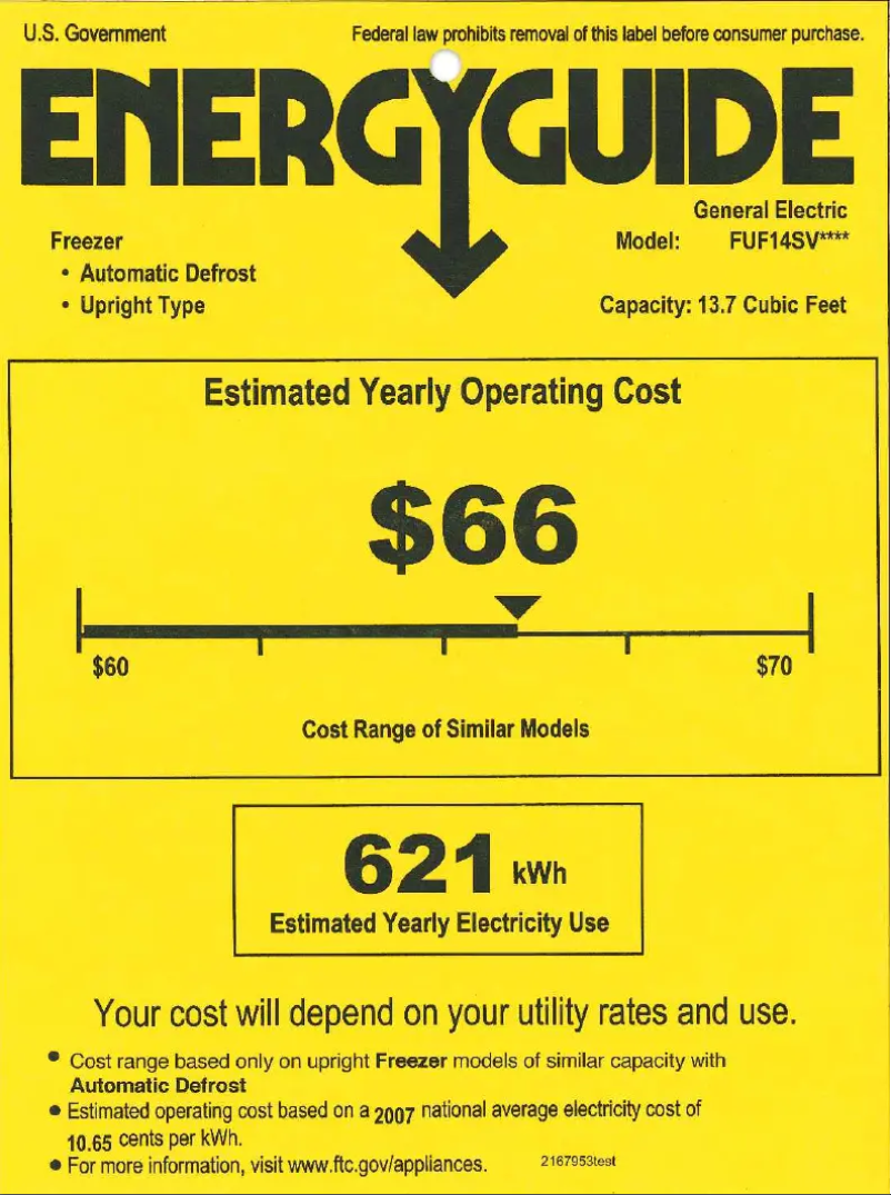 Page 1 de la notice Label énergétique GE FUF14SVRWW