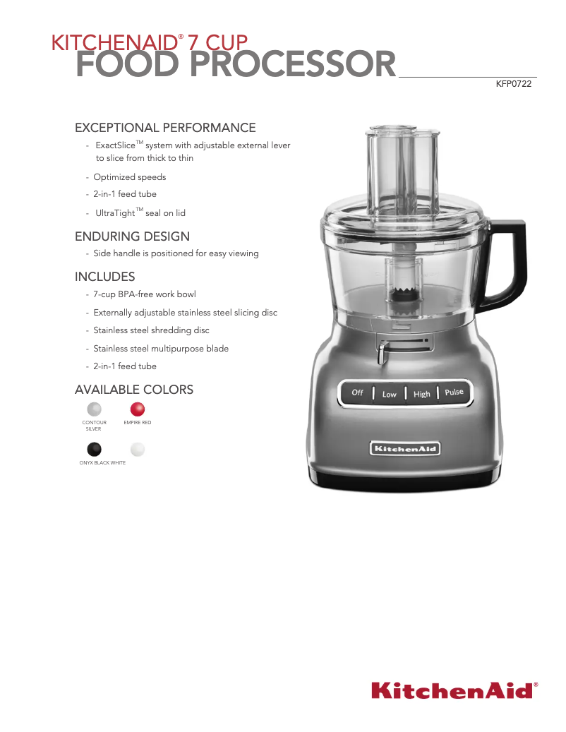 Page 1 de la notice Fiche technique KitchenAid KFP0722