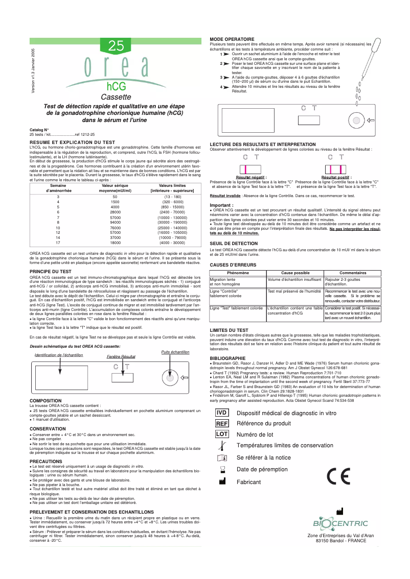 Page 1 de la notice Manuel utilisateur Orea HCG Cassette