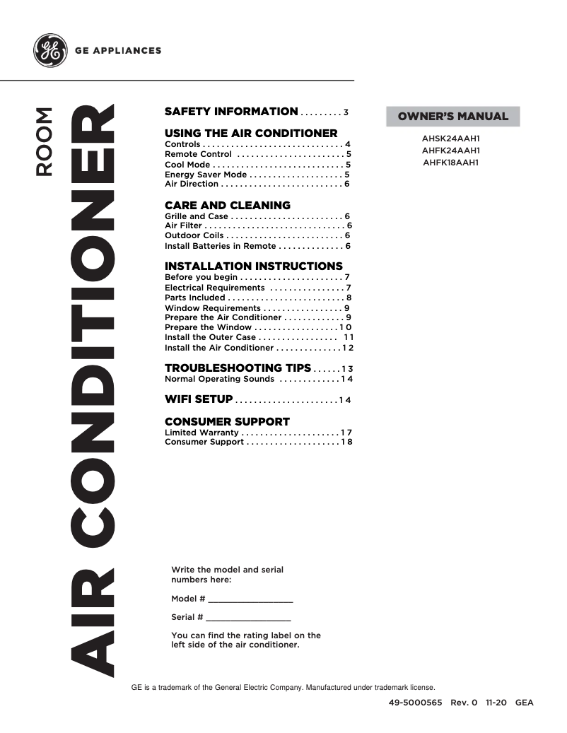 Page 1 of the manual Installation Guide GE AHFK18AA