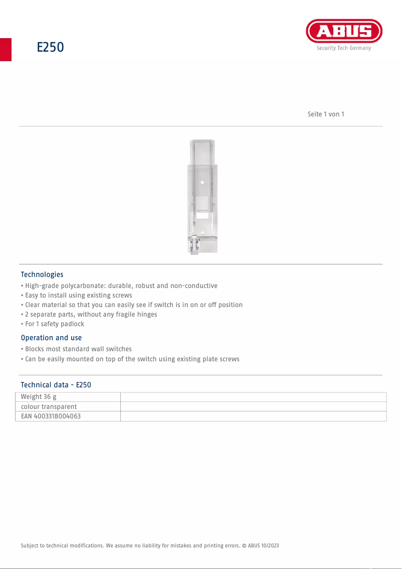 Page 1 de la notice Fiche technique Abus E250