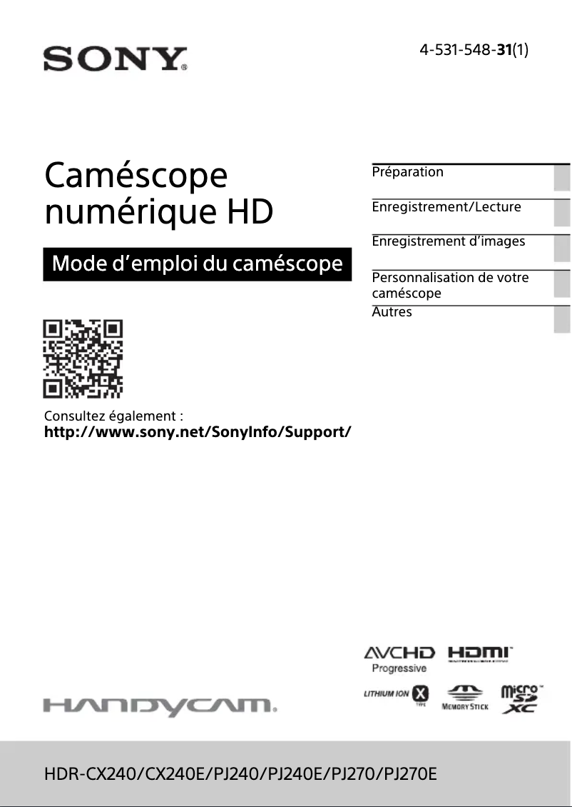 Page 1 de la notice Manuel utilisateur Sony HDR-CX240E