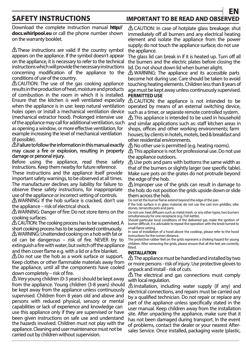 Page 1 de la notice Instructions / montage Whirlpool AKWL 628/IXL