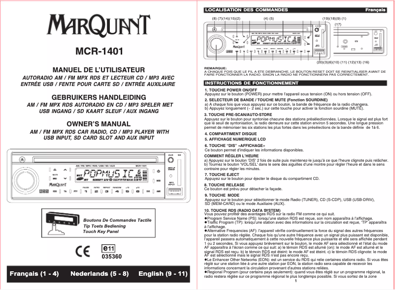 Page 1 de la notice Manuel utilisateur Marquant MCR-1401