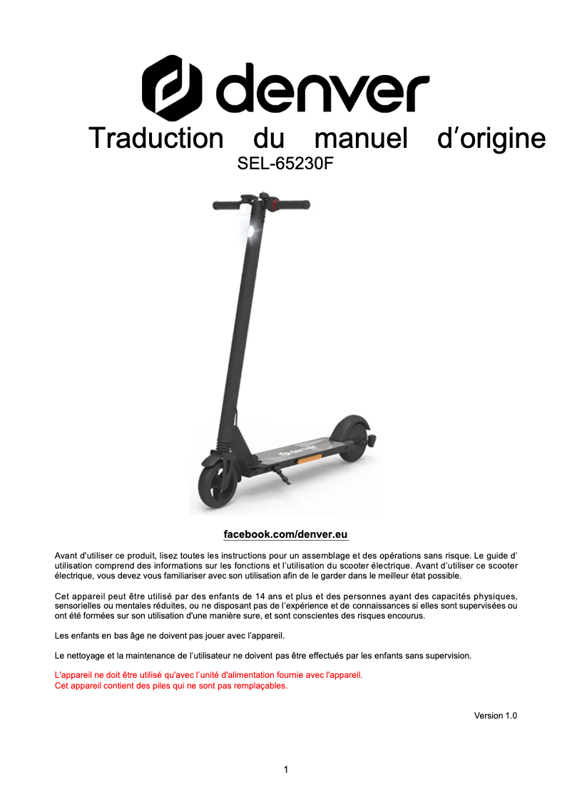 Page 1 de la notice Manuel utilisateur Denver SEL-65230F