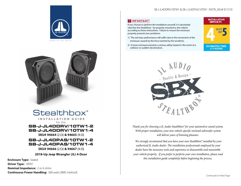 Page n°1 - Manuel utilisateur JL Audio Stealthbox SB-J-JL4DPAS/10TW1-4