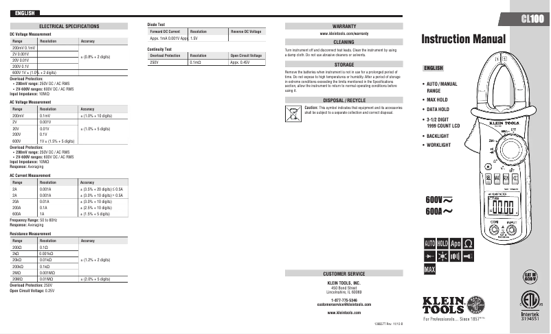 Page 1 de la notice Manuel utilisateur Klein Tools CL100