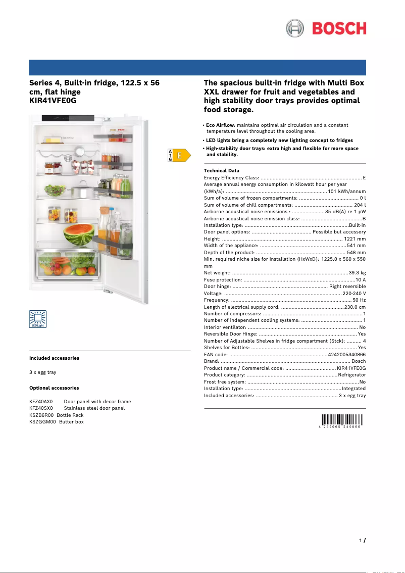 Página 1 del manual Ficha técnica Bosch Serie 4 KIR41VFE0G