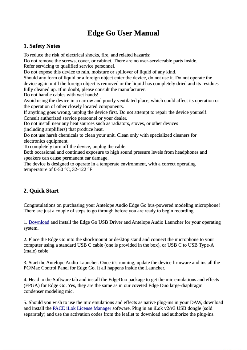 Página 1 del manual Manual de usuario Antelope Audio Edge Go