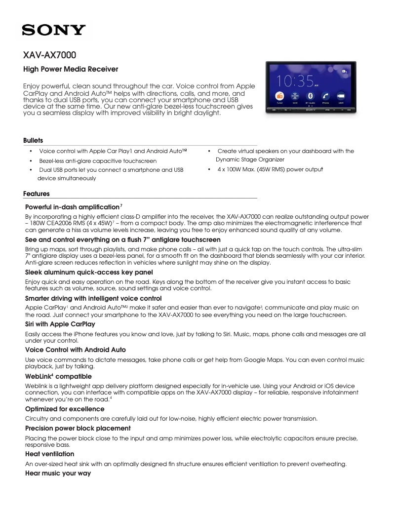 Page 1 de la notice Fiche technique Sony XAV-AX7000