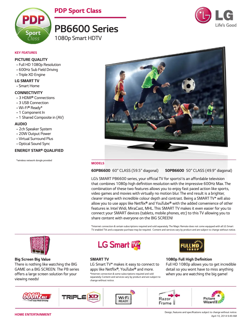 Página 1 del manual Ficha técnica LG 50PB6600