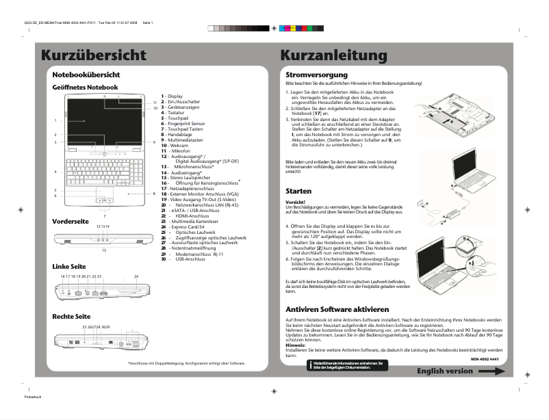 Page 1 de la notice Guide de démarrage rapide Medion MD 96350