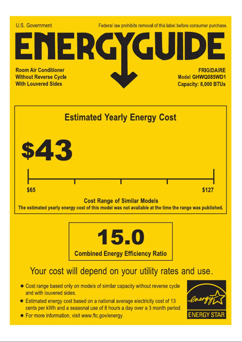 Page 1 de la notice Label énergétique Frigidaire GHWQ085WD1