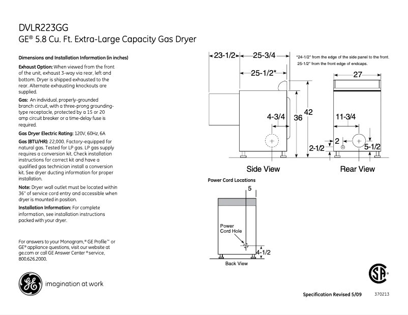 Page 1 of the manual Technical Sheet GE DVLR223GGWW