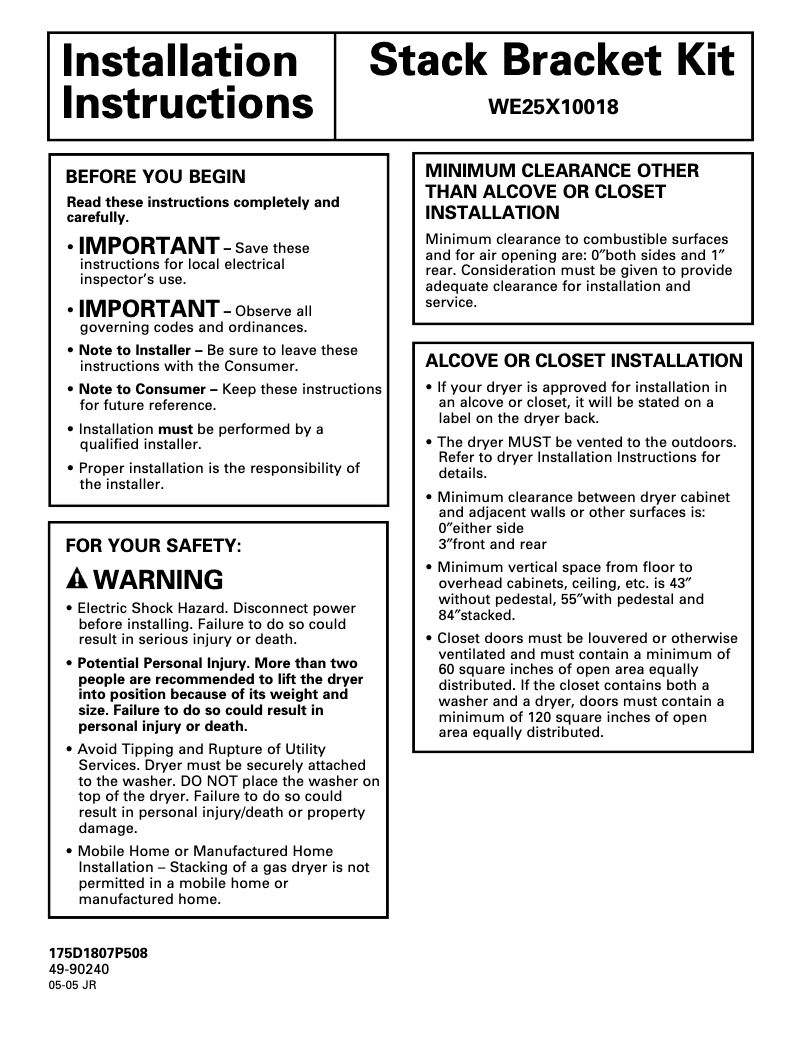 Page 1 of the manual Installation Guide GE Adora DHDVH52GFWW