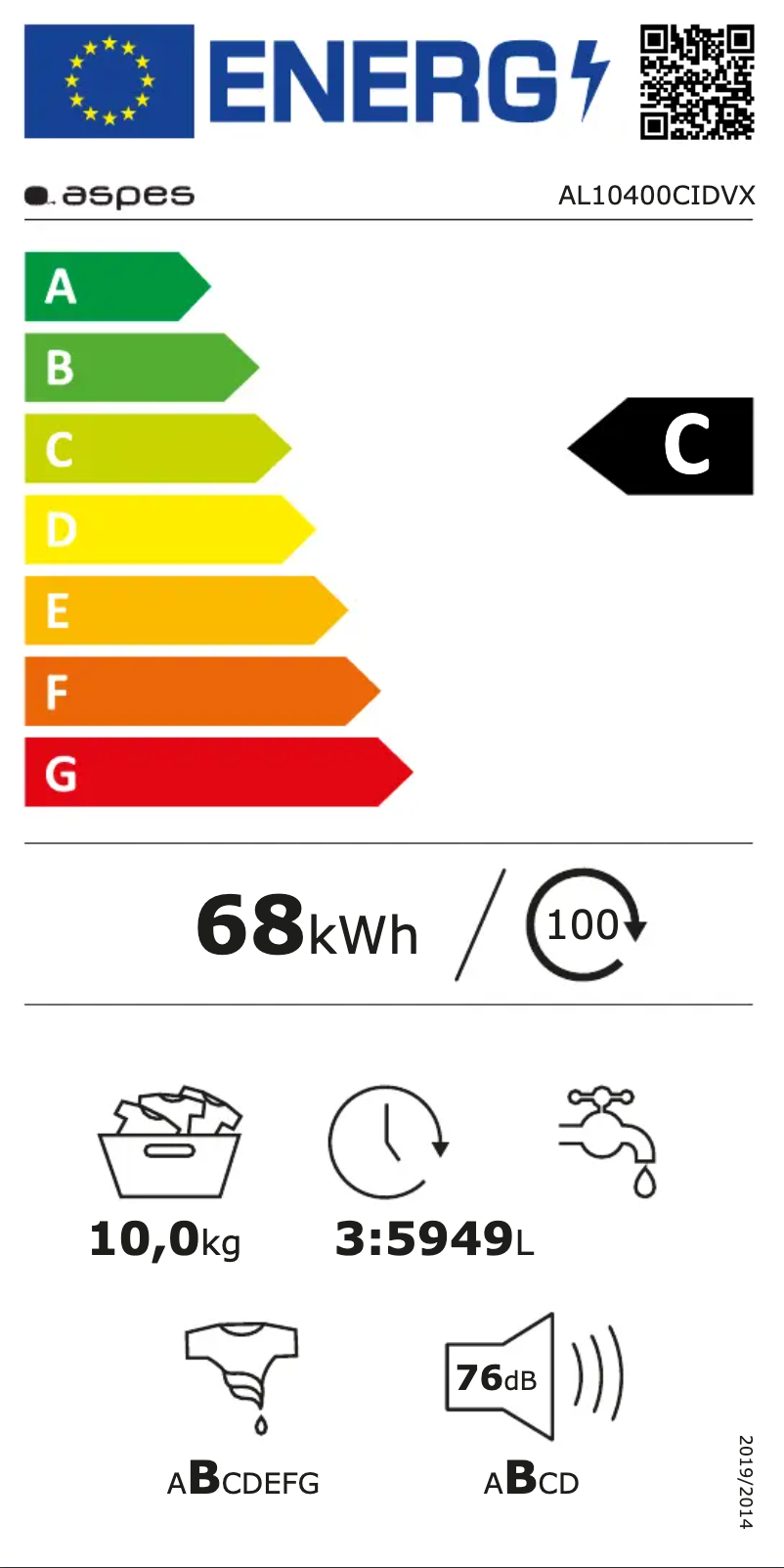 Page 1 de la notice Label énergétique Aspes AL10400CIDVX