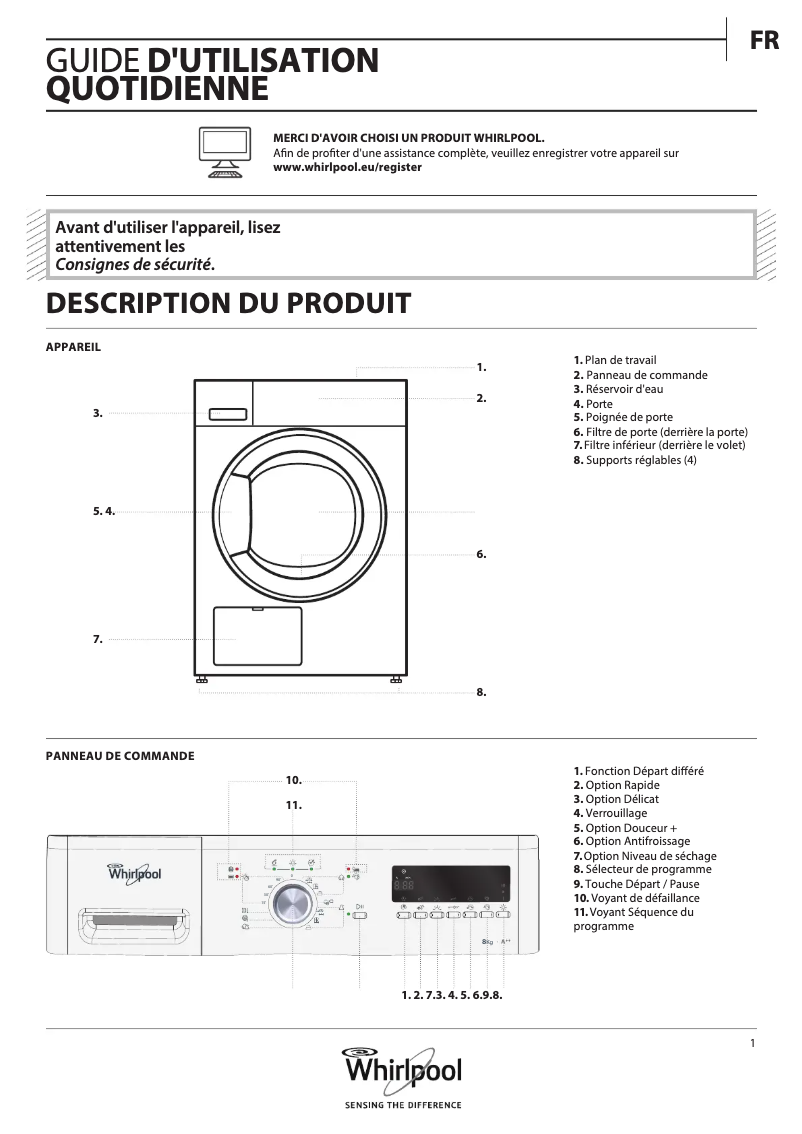Page 1 de la notice Manuel utilisateur Whirlpool HDLX 80414