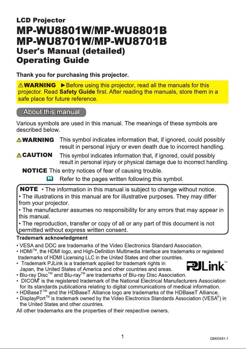 Page n°1 - Manuel utilisateur Hitachi MP-WU8701W
