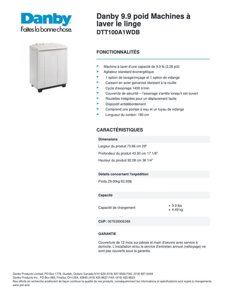 Página 1 del manual Ficha técnica Danby DTT100A1WDB