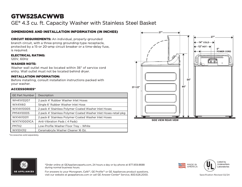 Page 1 de la notice Fiche technique GE GTW525ACWWB