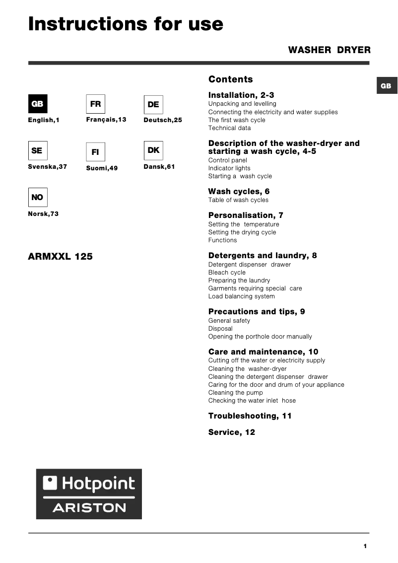 Page n°1 - Manuel utilisateur Hotpoint Ariston ARMXXL 125