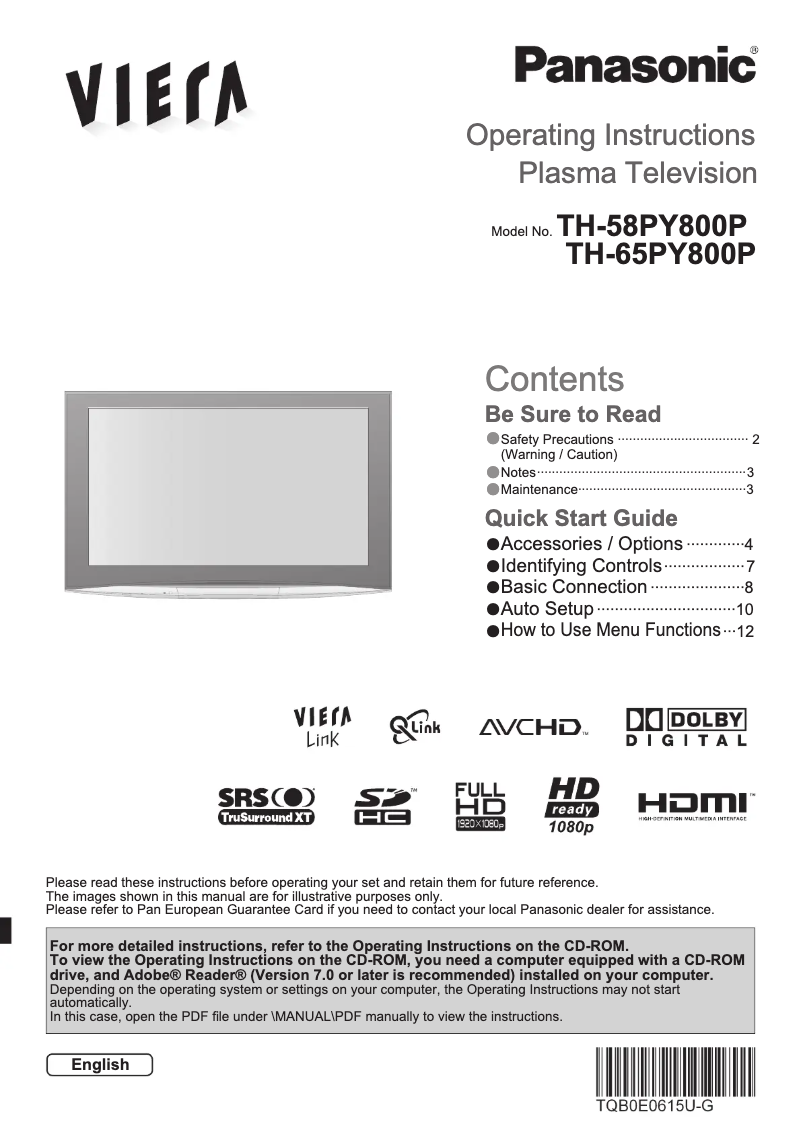 Page 1 de la notice Manuel utilisateur Panasonic Viera TH-65PY800P