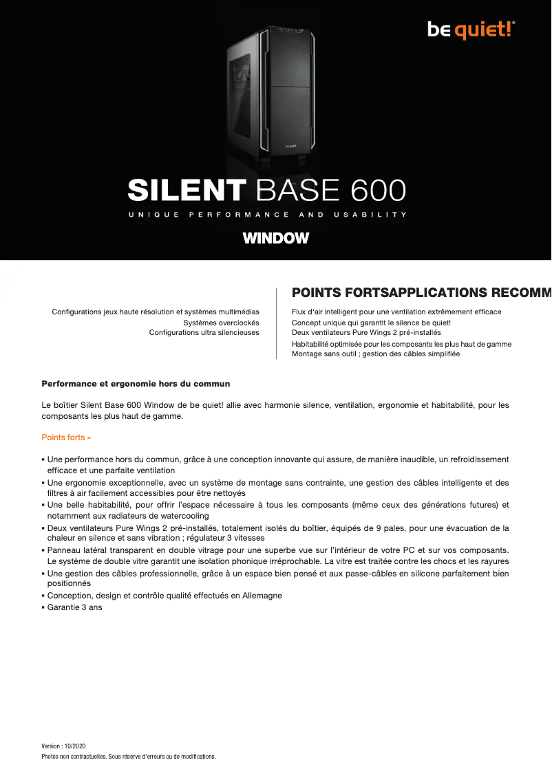 Page 1 de la notice Fiche technique Be Quiet! Silent Base 600