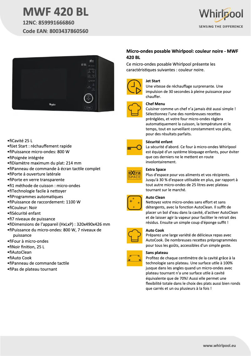 Page 1 de la notice Fiche technique Whirlpool MWF 420 BL