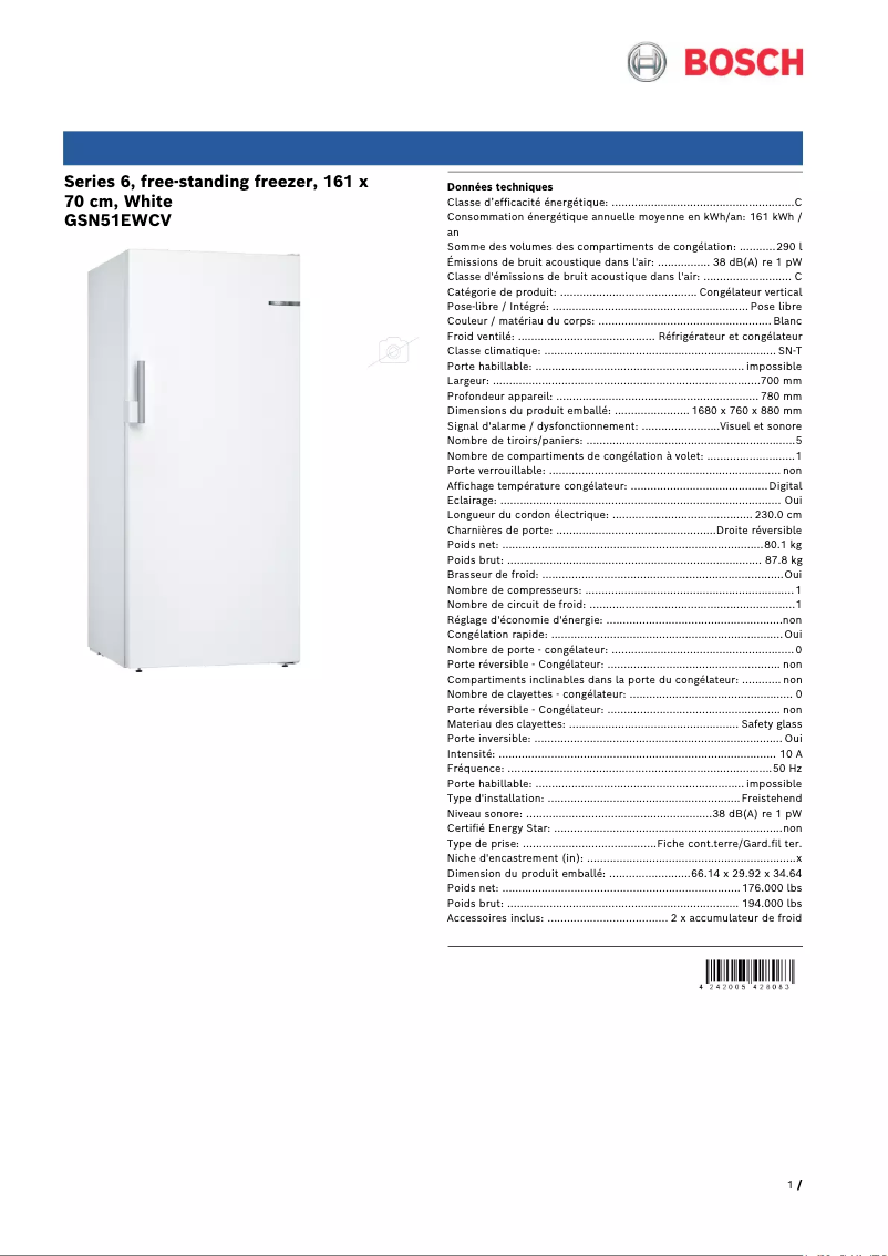 Page 1 de la notice Fiche technique Bosch GSN51EWCV