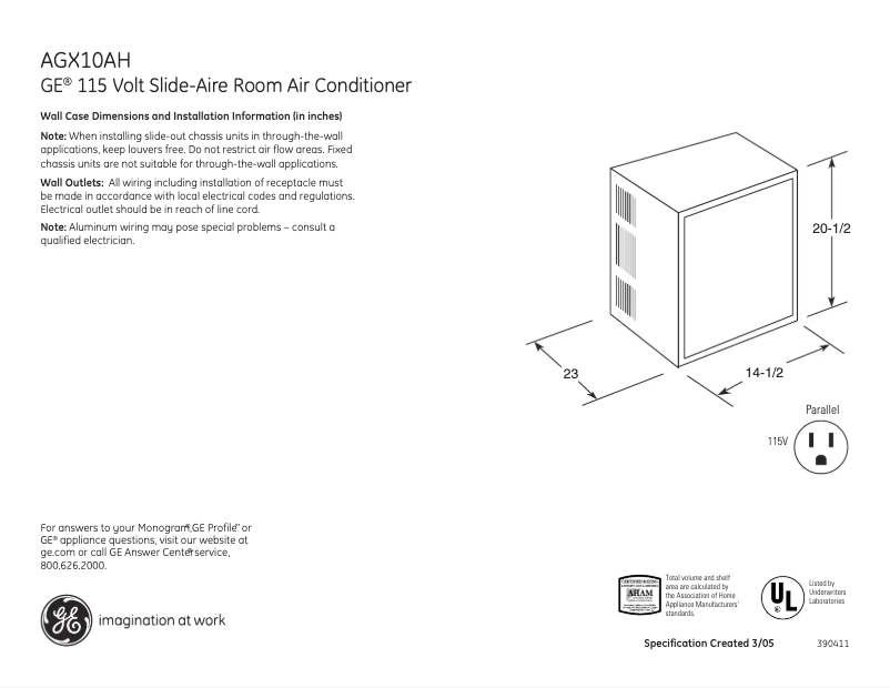 Page n°1 - Fiche technique GE AGX10AH
