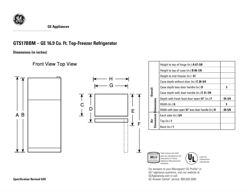 Page n°1 - Fiche technique GE GTS17BBMRWW