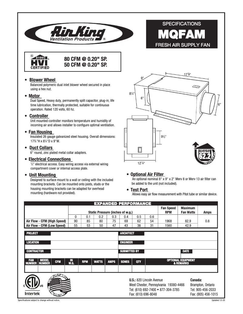 Page n°1 - Fiche technique Air King MQFAM
