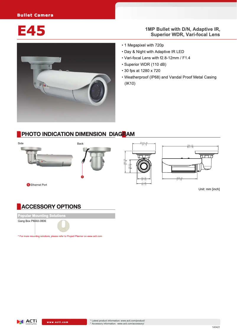 Page 1 de la notice Fiche technique ACTi E45