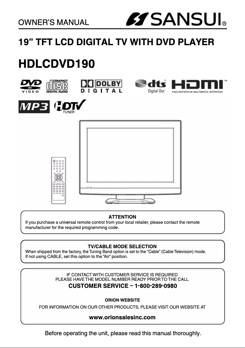 Page 1 de la notice Manuel utilisateur Sansui HDLCDVD190