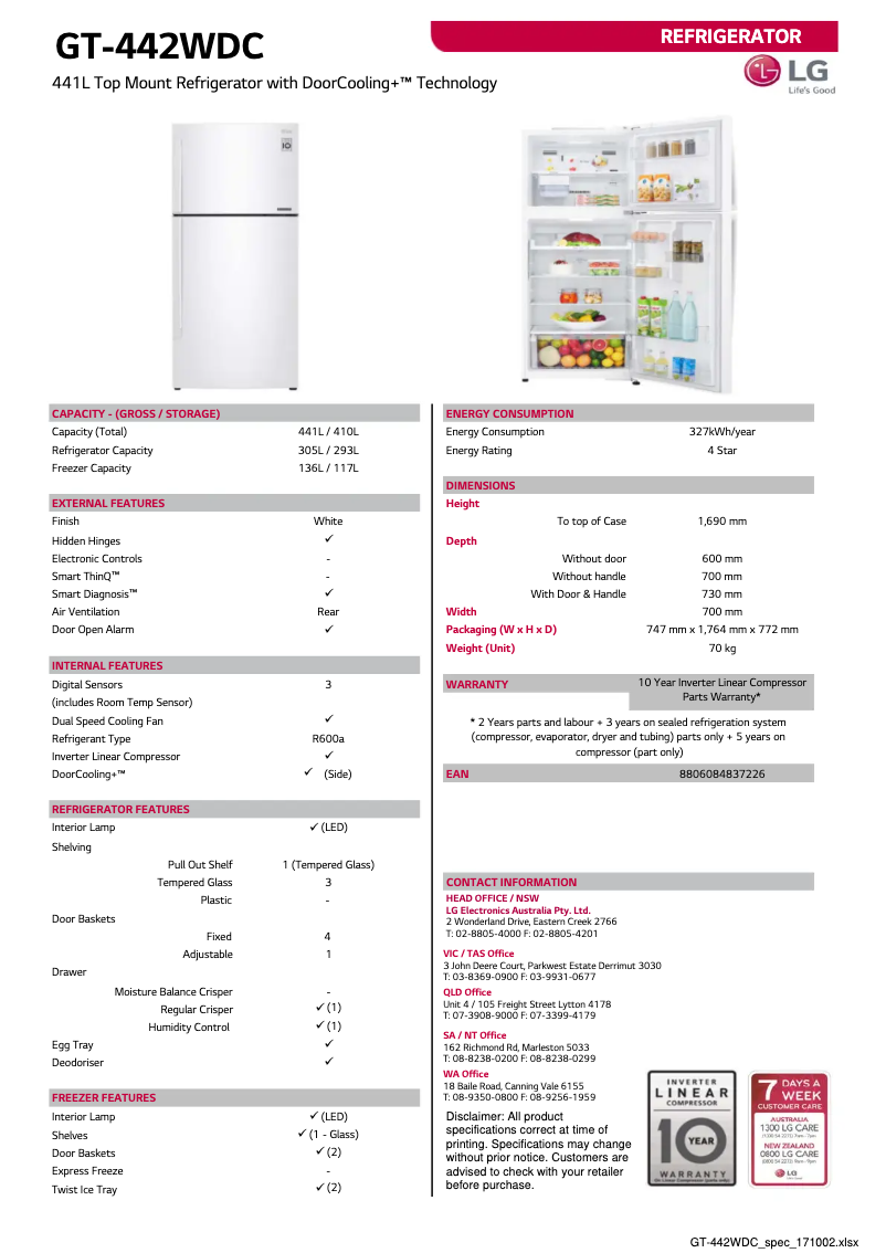 Page 1 de la notice Fiche technique LG GT-442WDC