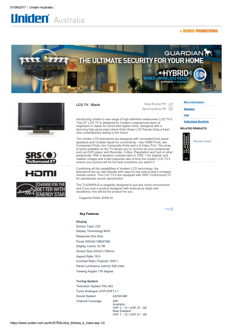 Page n°1 - Manuel utilisateur Uniden TL42WRA-B