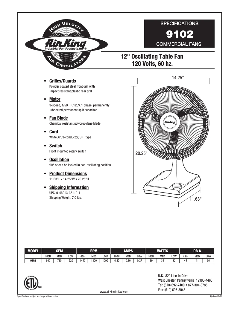 Page 1 de la notice Fiche technique Air King 9102