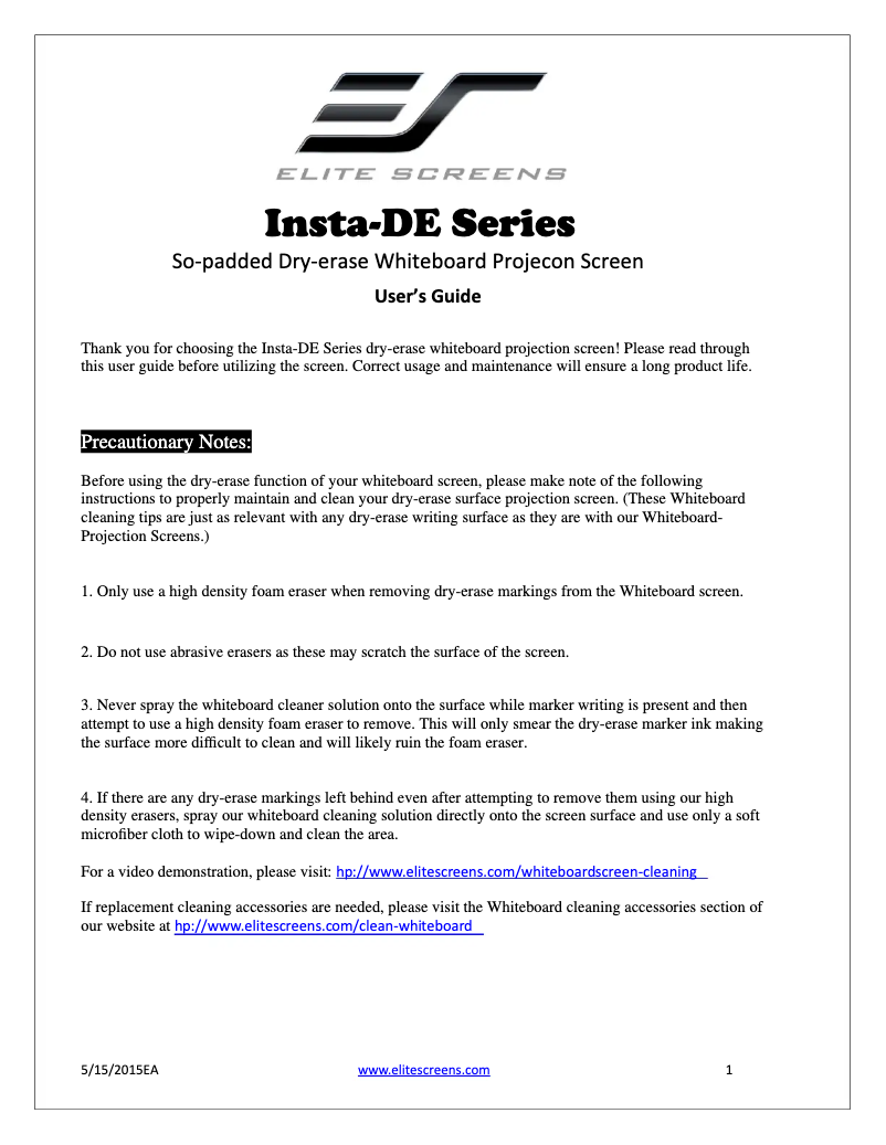 Page 1 de la notice Manuel utilisateur Elite Screens iWB63VW