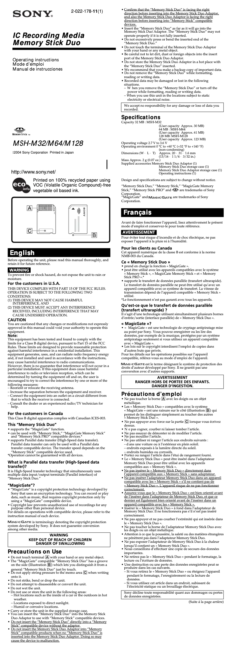 Page 1 de la notice Manuel utilisateur Sony MSH-M64A