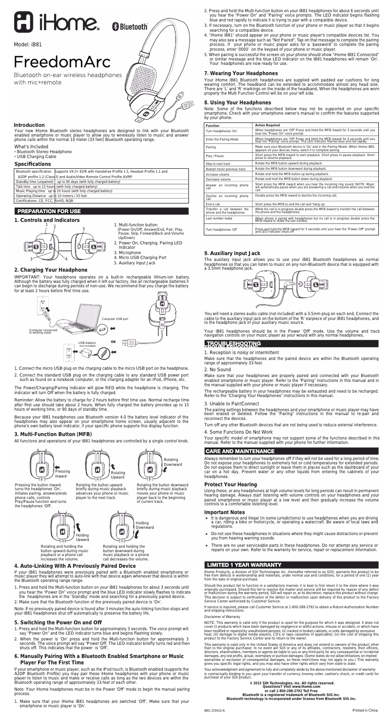 Page n°1 - Manuel utilisateur iHome FreedomArc iB81