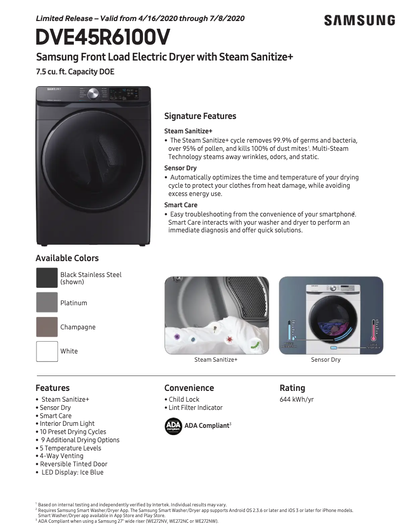 Page 1 de la notice Fiche technique Samsung DVE45R6100V/A3