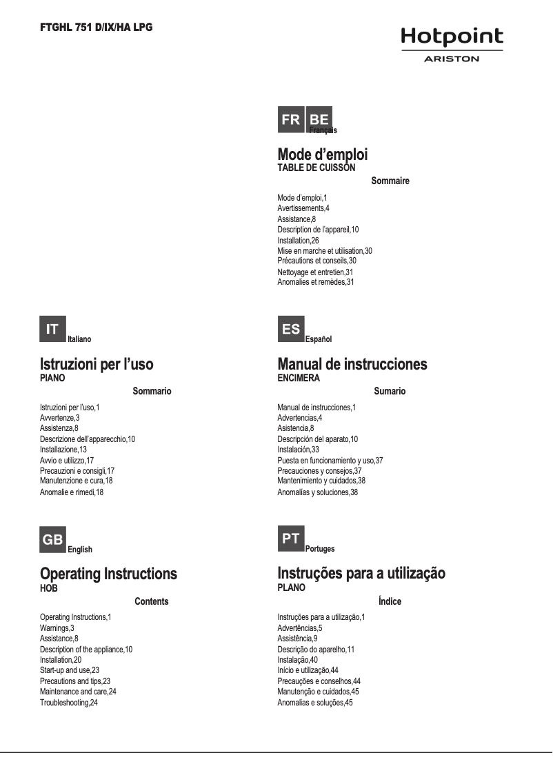 Page 1 de la notice Manuel utilisateur Hotpoint Ariston FTGHG 751D/HA(BK)LPG