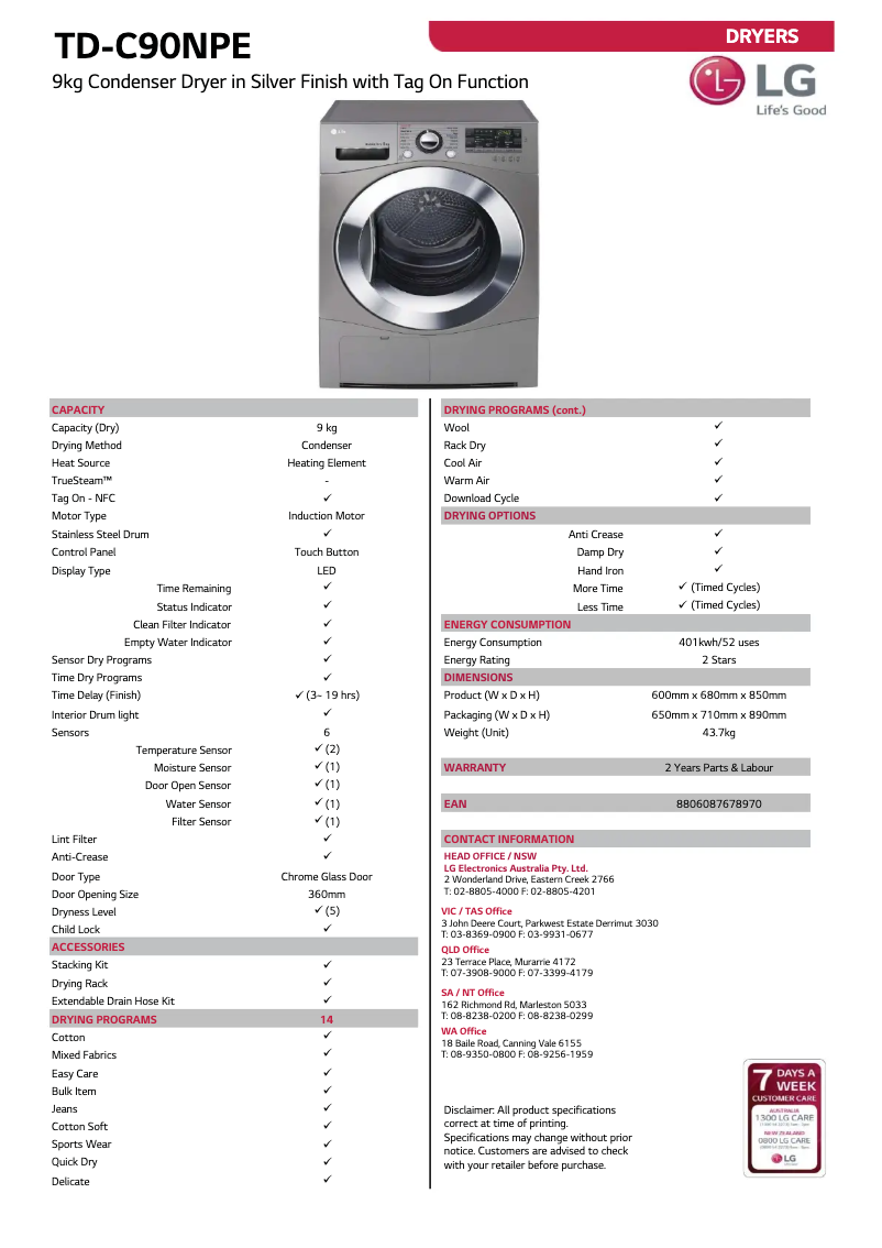 Página 1 del manual Ficha técnica LG TD-C90NPE