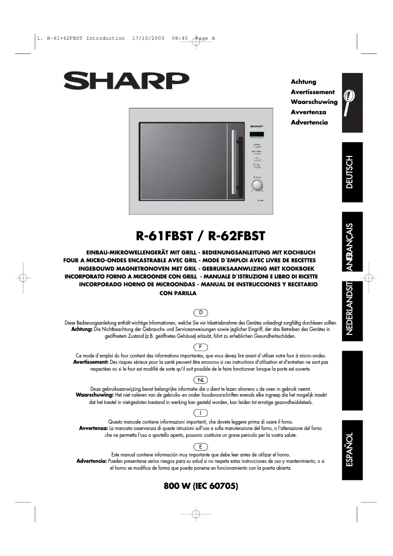 Page 1 de la notice Manuel utilisateur Sharp R-62FBST