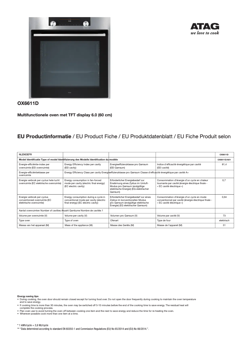 Page 1 de la notice Manuel utilisateur Atag OX6611D