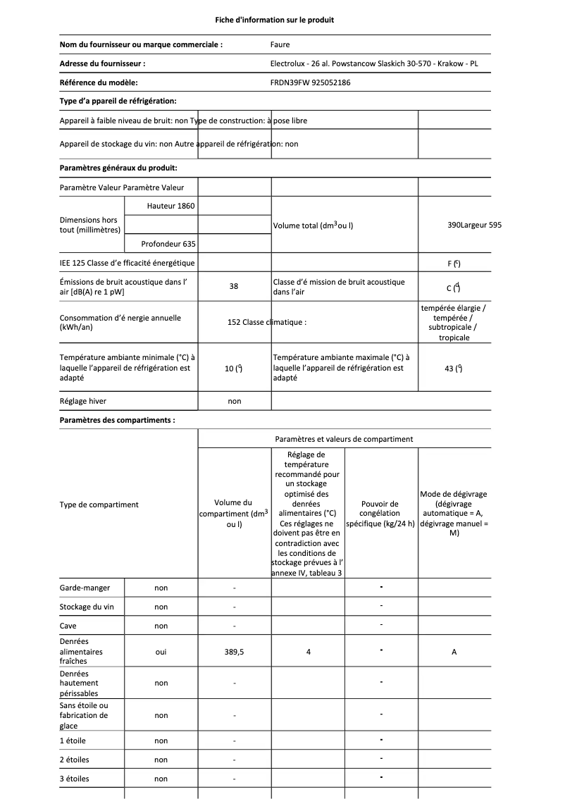 Page 1 de la notice Fiche technique Electrolux FRDN39FW