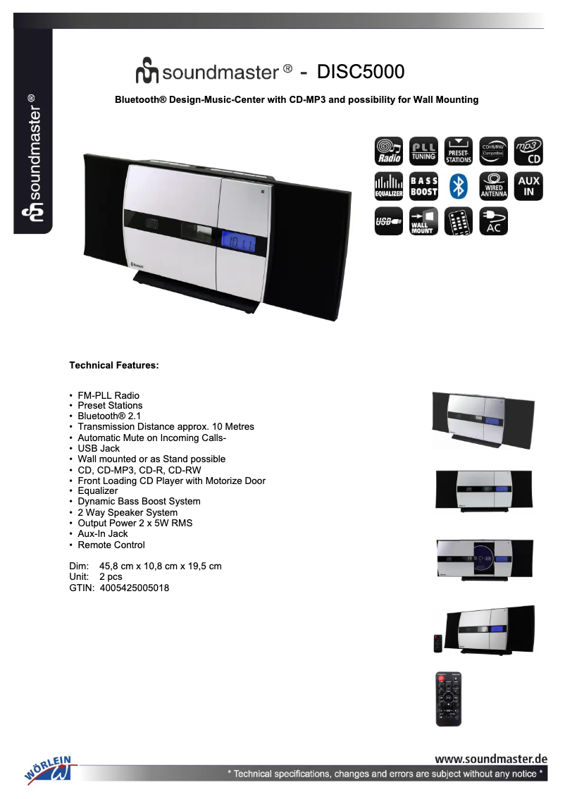 Page 1 de la notice Fiche technique Soundmaster DISC5000