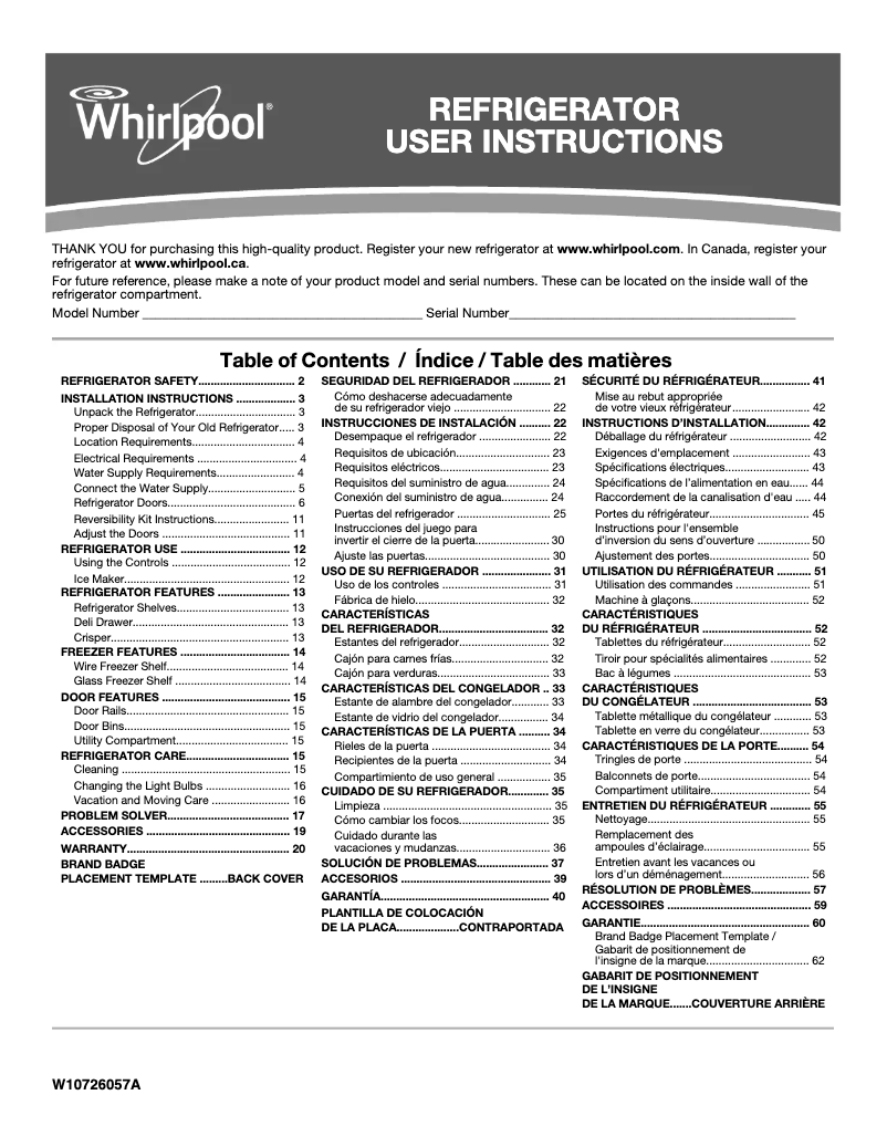 Página 1 del manual Manual de usuario Whirlpool WRT104TFDW