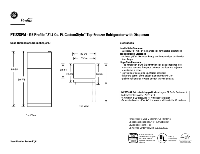 Page n°1 - Fiche technique GE Profile CustomStyle PTI22SFMLBS